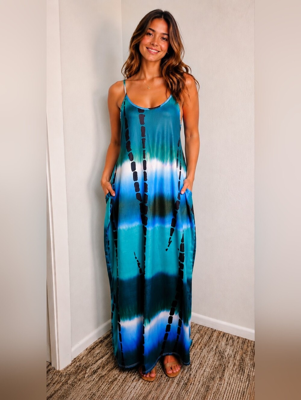 Shein Shades of Blue, White Maxi-Dress OS Pockets, Spaghetti Straps Size 12 NWOT